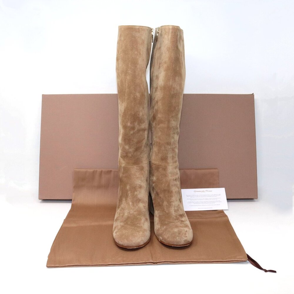 Gianvito Rossi 38.5 Joelle Suede Knee High Tall High Heel Boot 70mm Camel